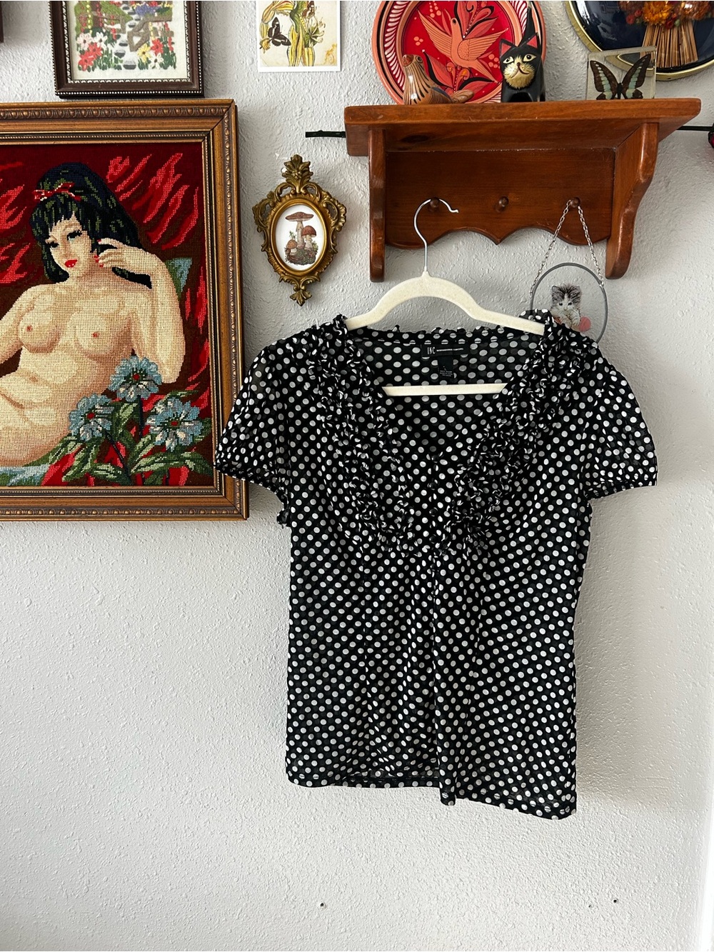 INC International Concepts Black & White Polka Dot Ruffle V-Neck Blouse